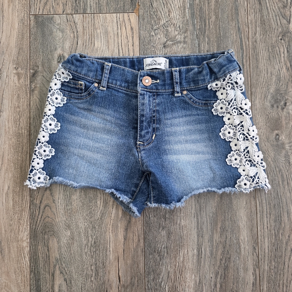 Girls Jordache Blue and White Jean Shorts with Lace Trim